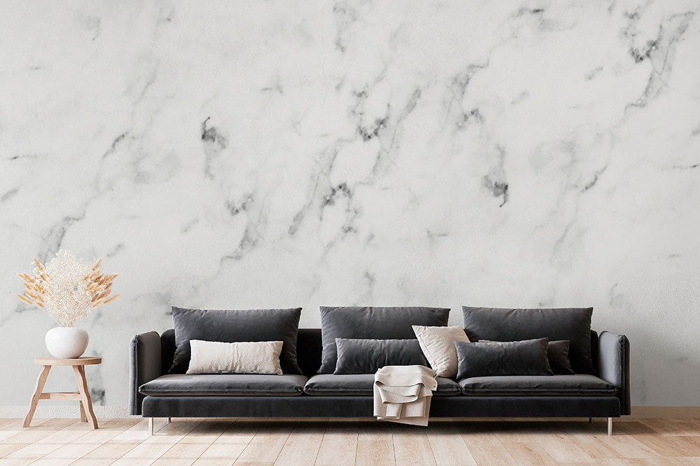 Sofa Charcoal Upholstery Styled with Carrara Marble Mural
