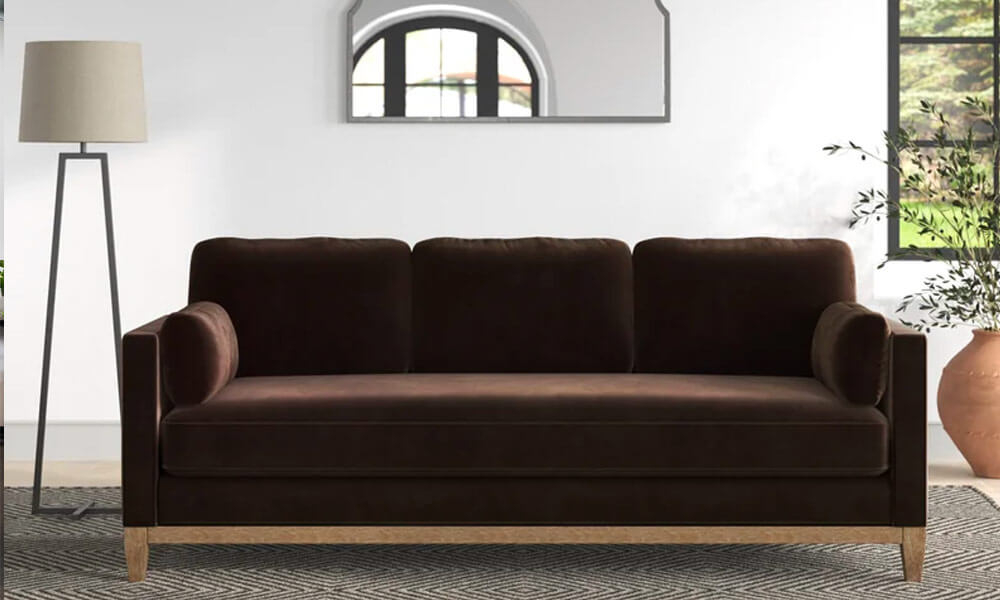 Sofa: Chocolate Velvet Bench Seat with Minimalist Styling