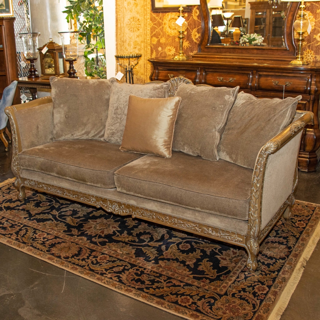 Sofa Cocoa Chenille Antique Gold Wash Wood Framed Sofa