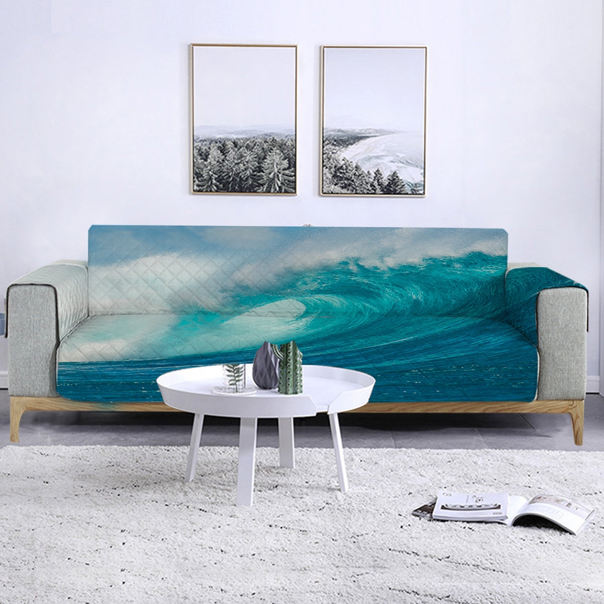 Sofa Cover with Ocean Wave Print and Quilted Nautical Texture