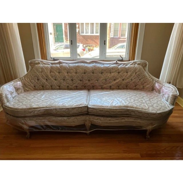 Sofa Cream Gold Brocade Tufted Back Vintage 1960s Couch