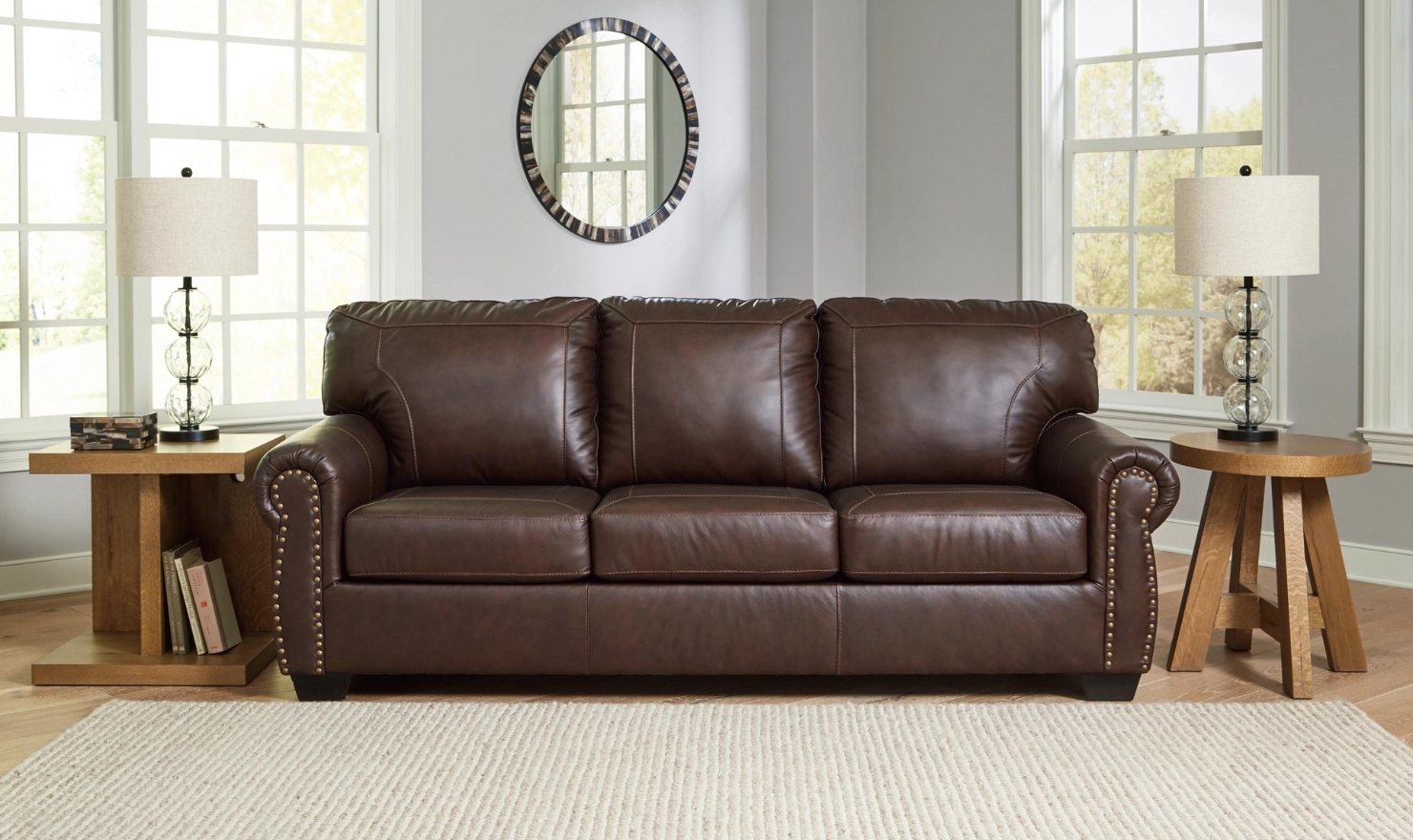 Sofa Dark Brown Leather Nailhead Trim Rolled Arm