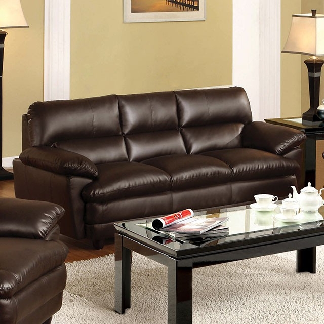 Sofa Dark Brown Padded Arms Leather Like Finish
