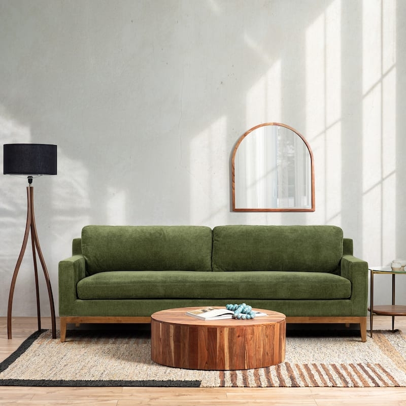 Sofa Distressed Green Velvet Wood Base Organic Modern