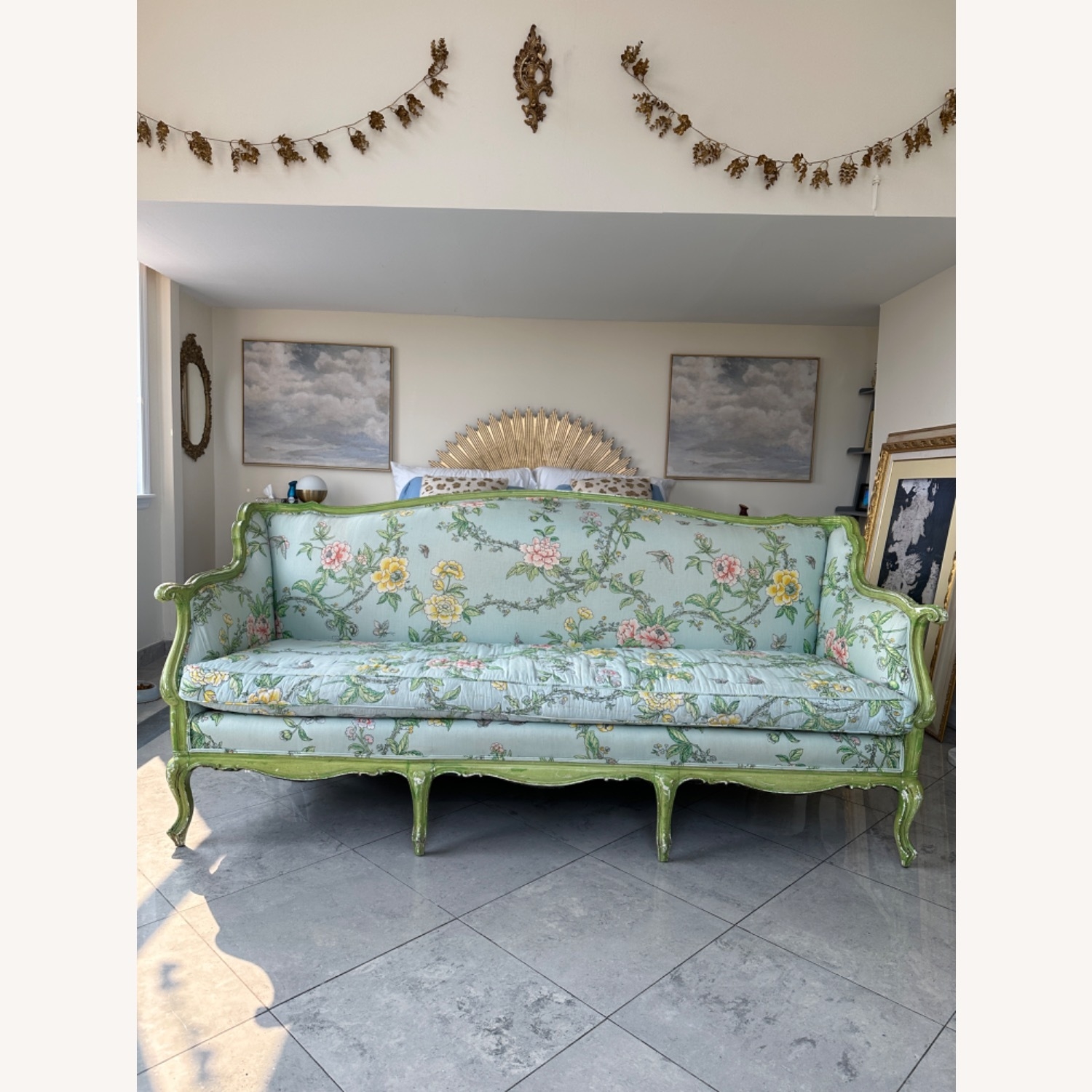 Sofa Floral Chinoiserie Sage Green Bench Seat Cushion