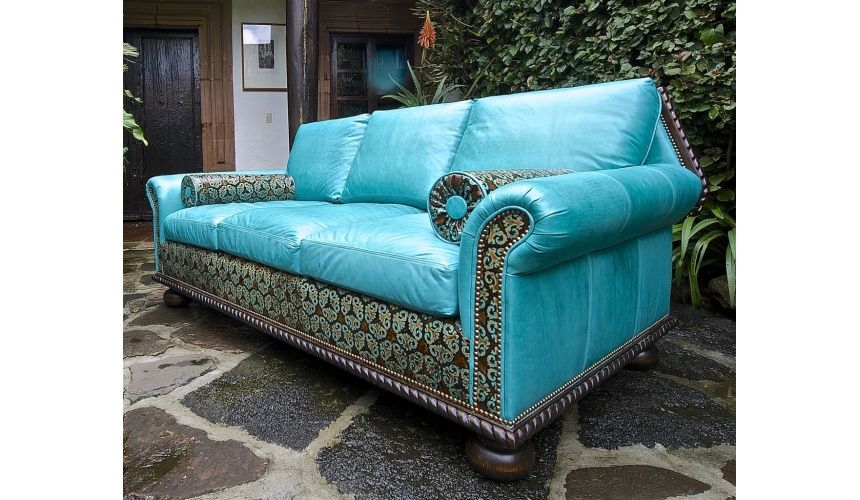 Sofa Green-Teal Medallion Fabric Trim Seating Set