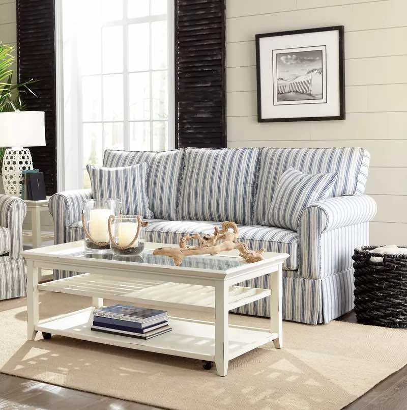Sofa in Blue Ticking Stripe and White Tiered Coffee Table