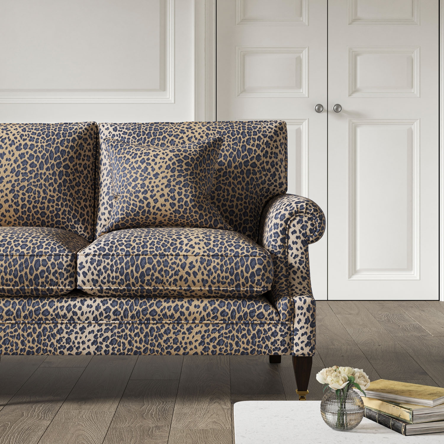 Sofa in Indigo Blue Leopard Print with Transitional Sofa Casters