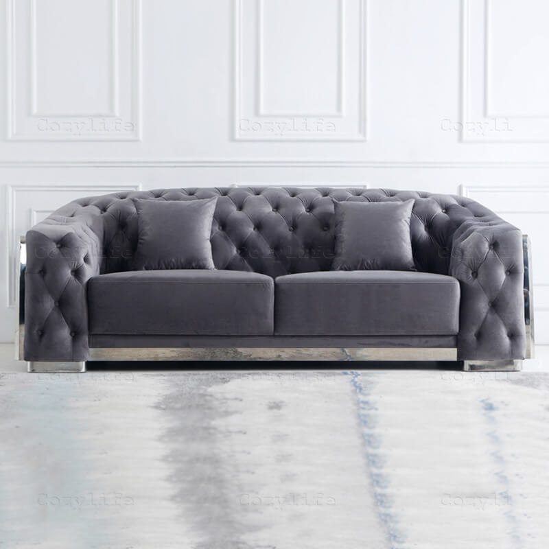 Sofa Metal Plinth Base and Gray Diamond Tufting
