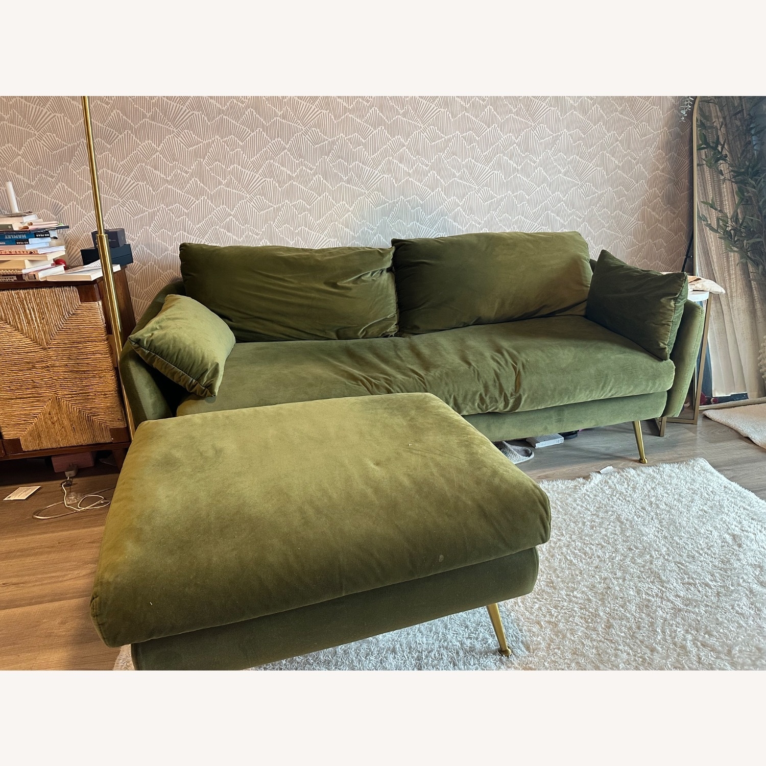 Sofa Ottoman Set Sage Velvet Tapered Brass Leg Couch