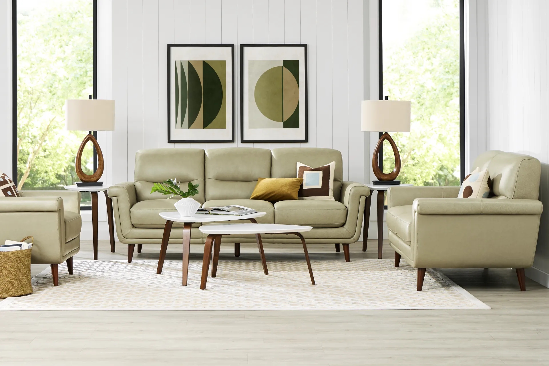 Sofa: Sage Green Leather and Nesting Coffee Table Styling