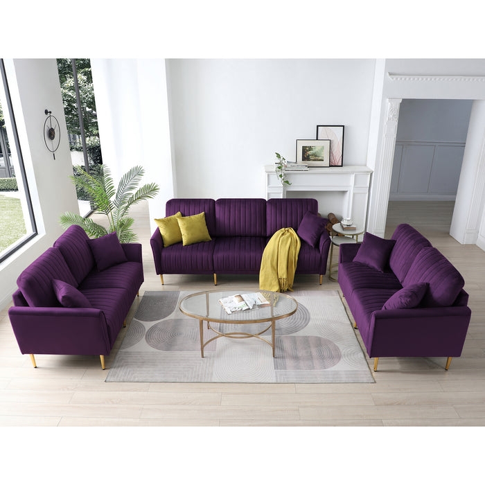 Sofa Set Deep Purple Vertical Channel Tufted Seating