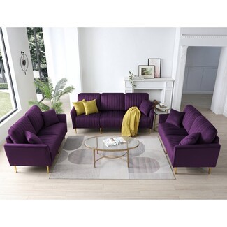 Sofa Set Deep Purple Vertical Channel Tufted Seating