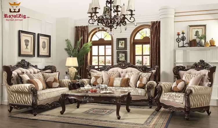 Sofa Set Featuring Marble Look Top and Tufted Antique Seating