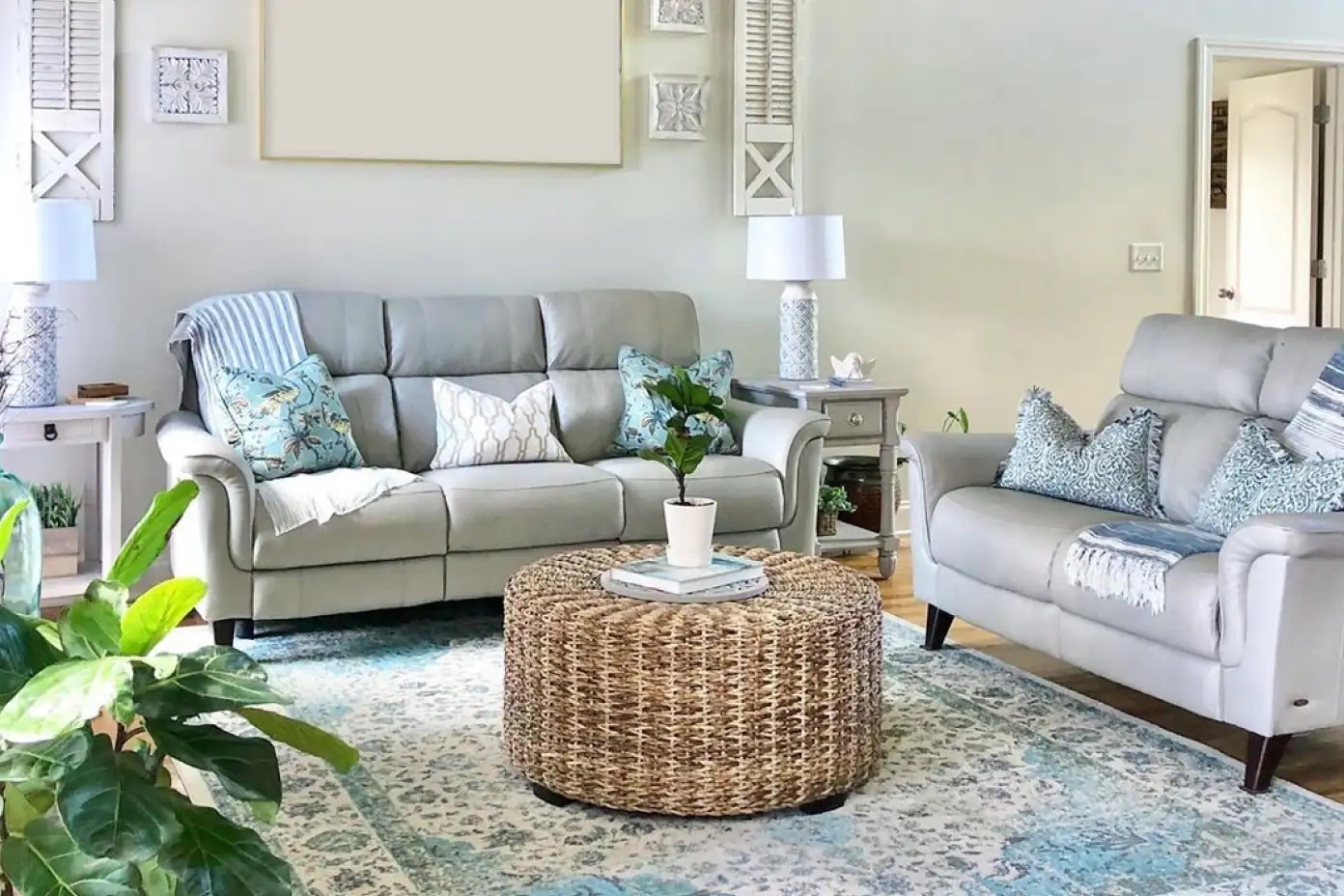 Sofa Set featuring Woven Drum Table and Light Grey Sofa Styling