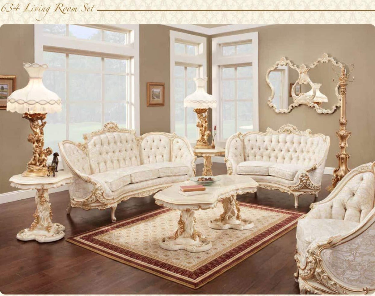 Sofa Set Gold Tipping Cream Tufted Luxury Parlor Set