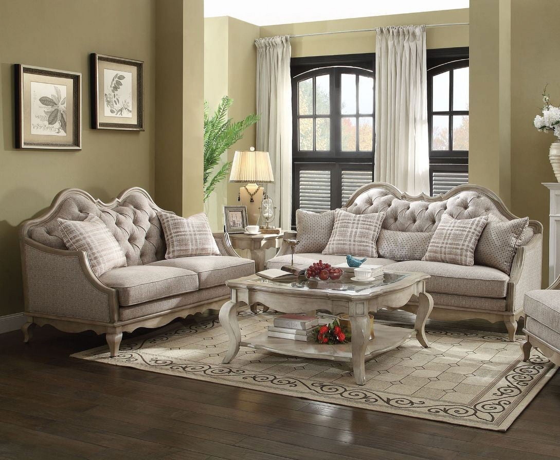 Sofa Set in Antique Taupe Finish with Diamond Tufted Backs