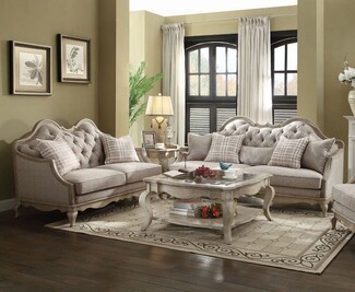 Sofa Set in Antique Taupe Finish with Diamond Tufted Backs