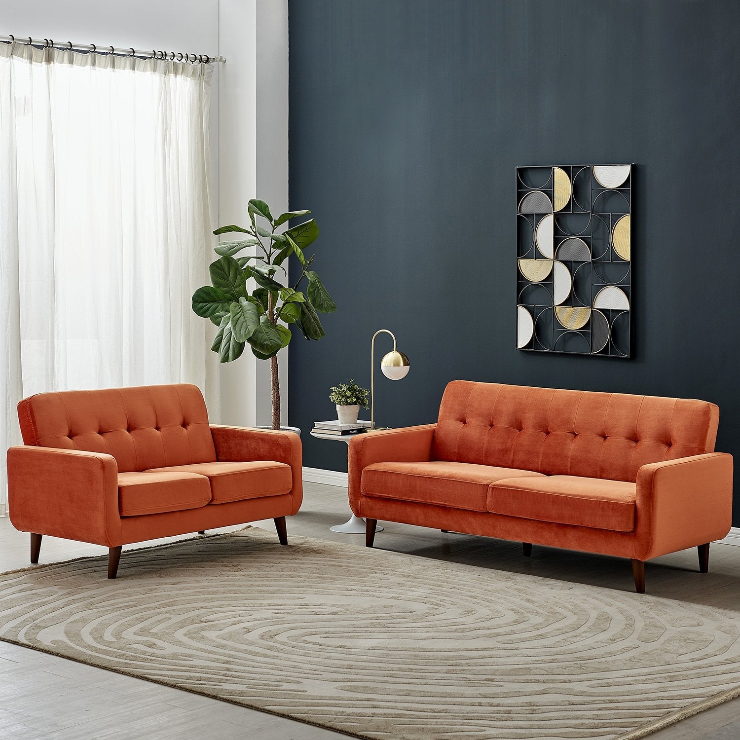 Sofa Set in Burnt Orange against Midnight Blue Wall