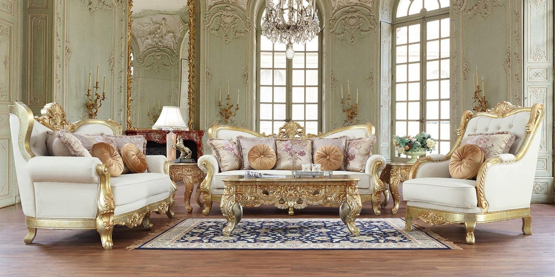 Sofa Set in Champagne Finish with Deep Tufting and Crest Rail