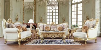 Sofa Set in Champagne Finish with Deep Tufting and Crest Rail