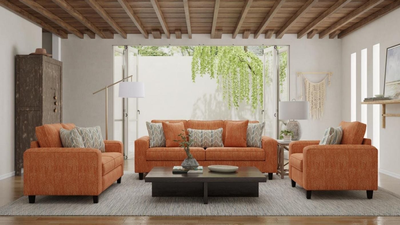 Sofa Set in Sunset Orange with Exposed Wood Beams