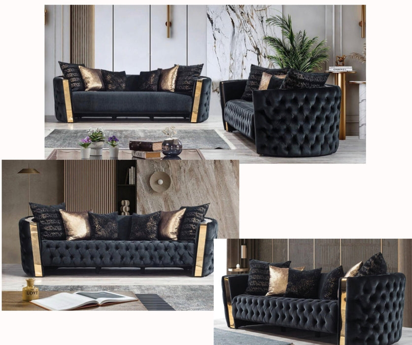 Sofa Set including Metallic Arm Panels and Diamond Tufting