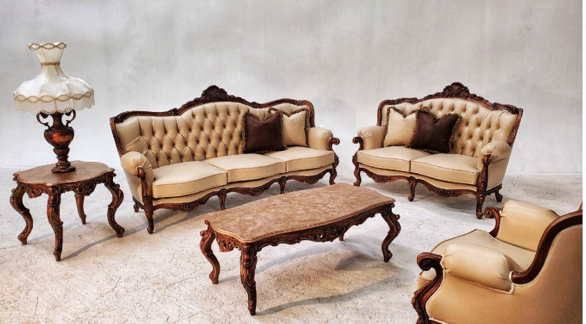 Sofa Set Ornate Wood Carvings Champagne Italian Velvet