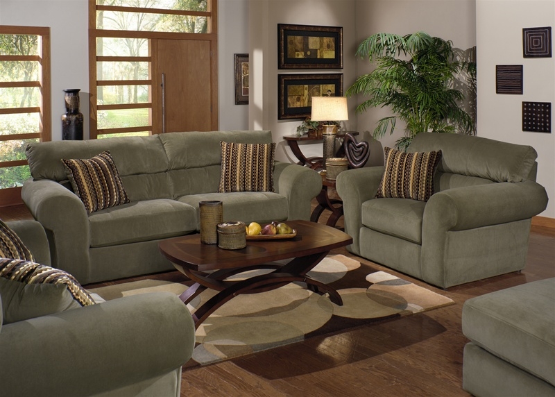 Sofa Set: Plush Seating with X-Base Dark Wood Table