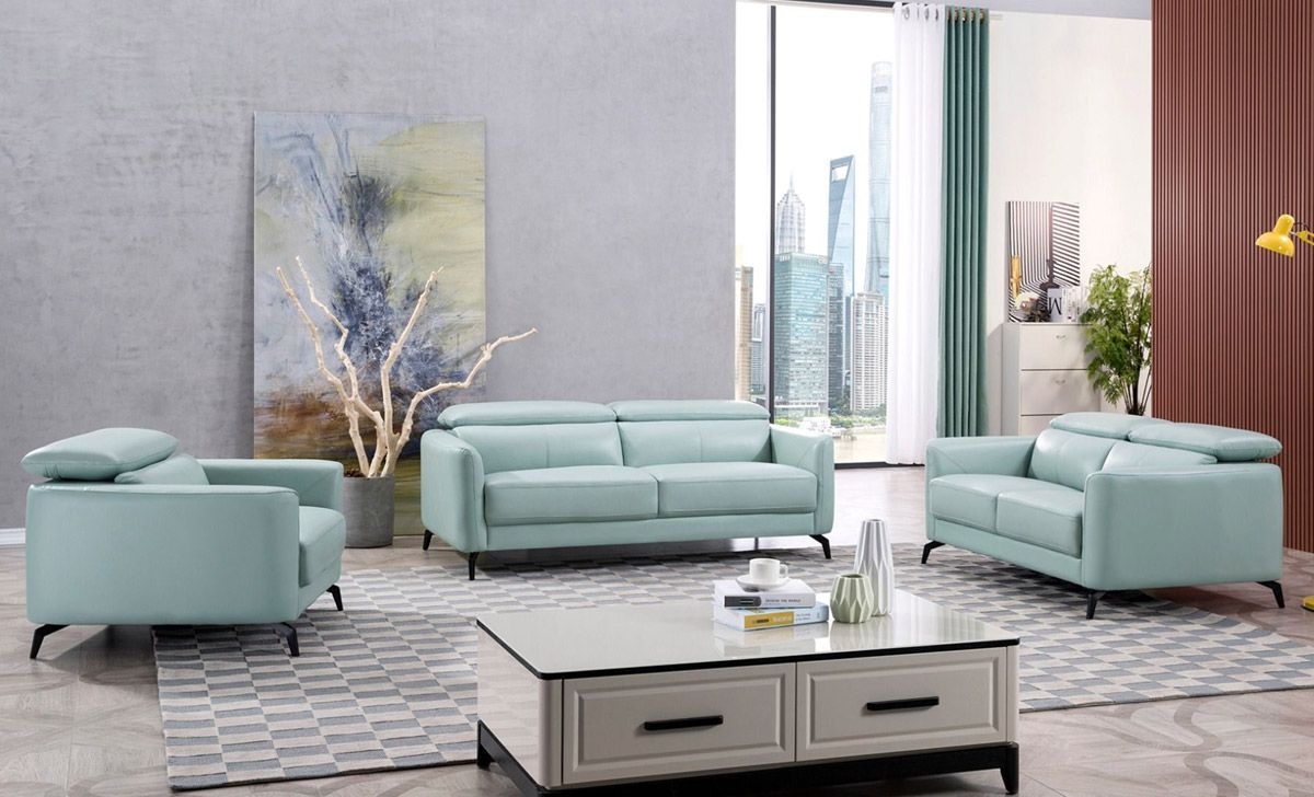 Sofa Set Teal Leather-Like Slim Black Legs Seating