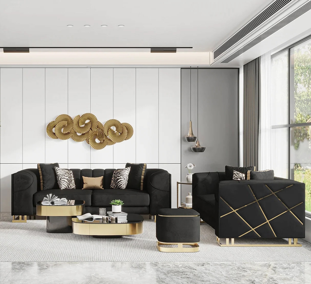 Sofa Set utilizing Geometric Gold Inlay and Channel Tufting