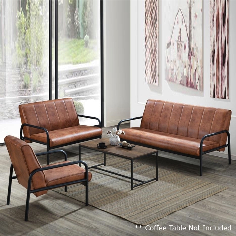 Sofa Set Vertical Channeling in Cognac Brown