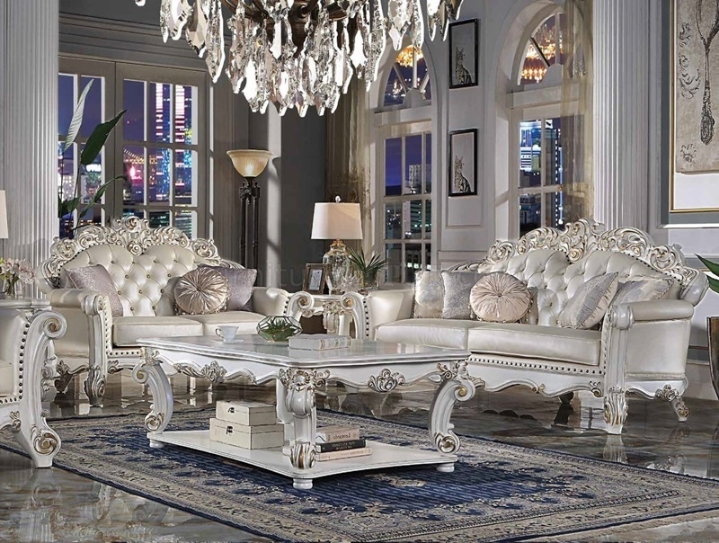 Sofa Set with Antique Pearl Finish and Scrolled Crown Moldings
