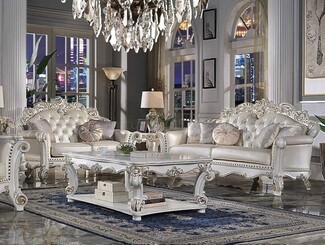 Sofa Set with Antique Pearl Finish and Scrolled Crown Moldings