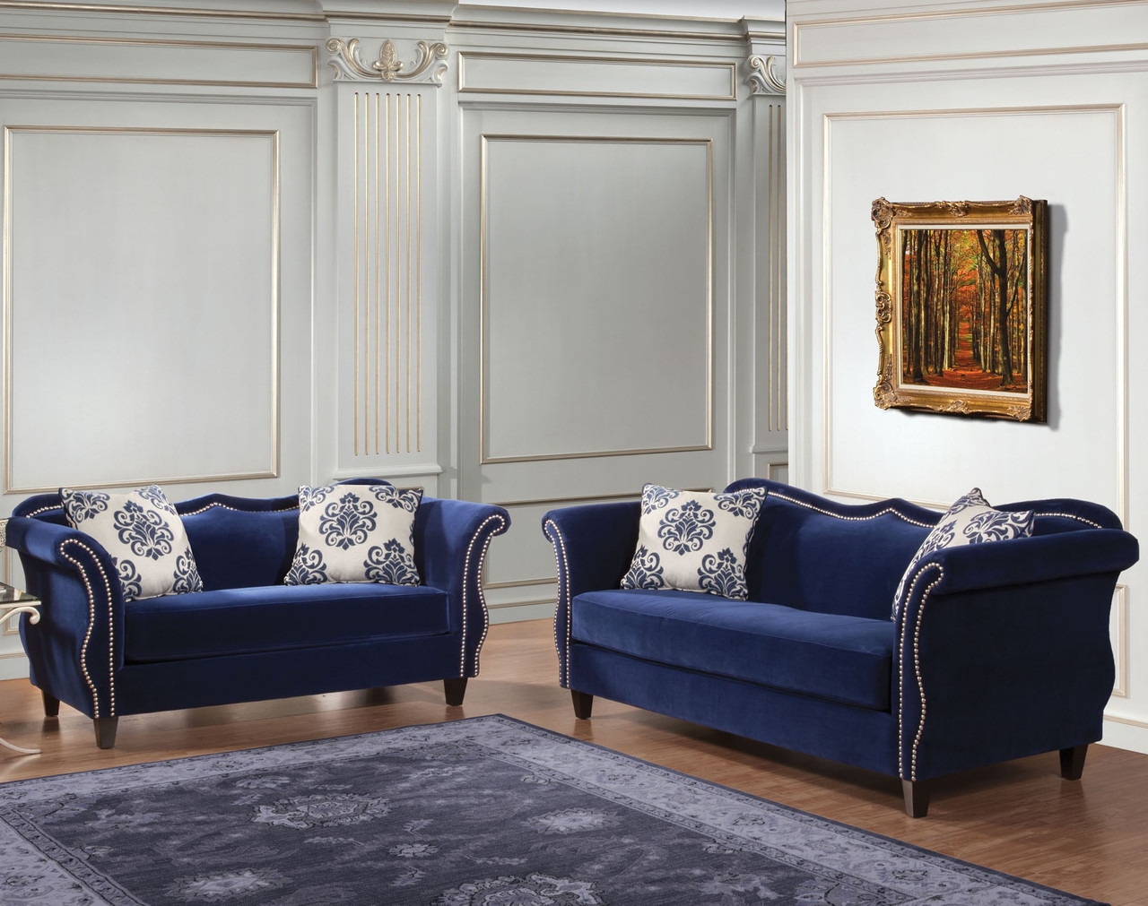 Sofa Set With Camelback Silhouette and Silver Trim