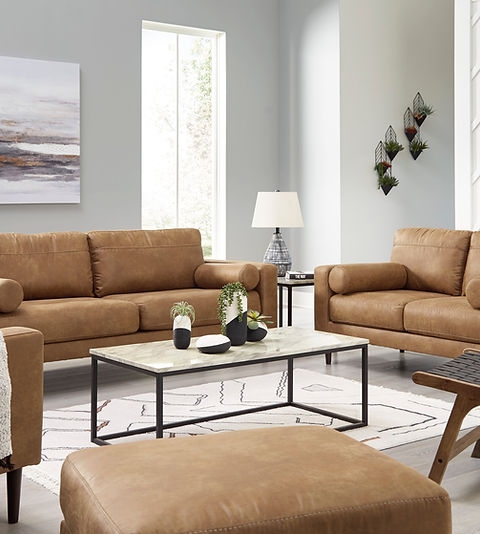 Sofa Set with Caramel Polyester and Stone Top Table