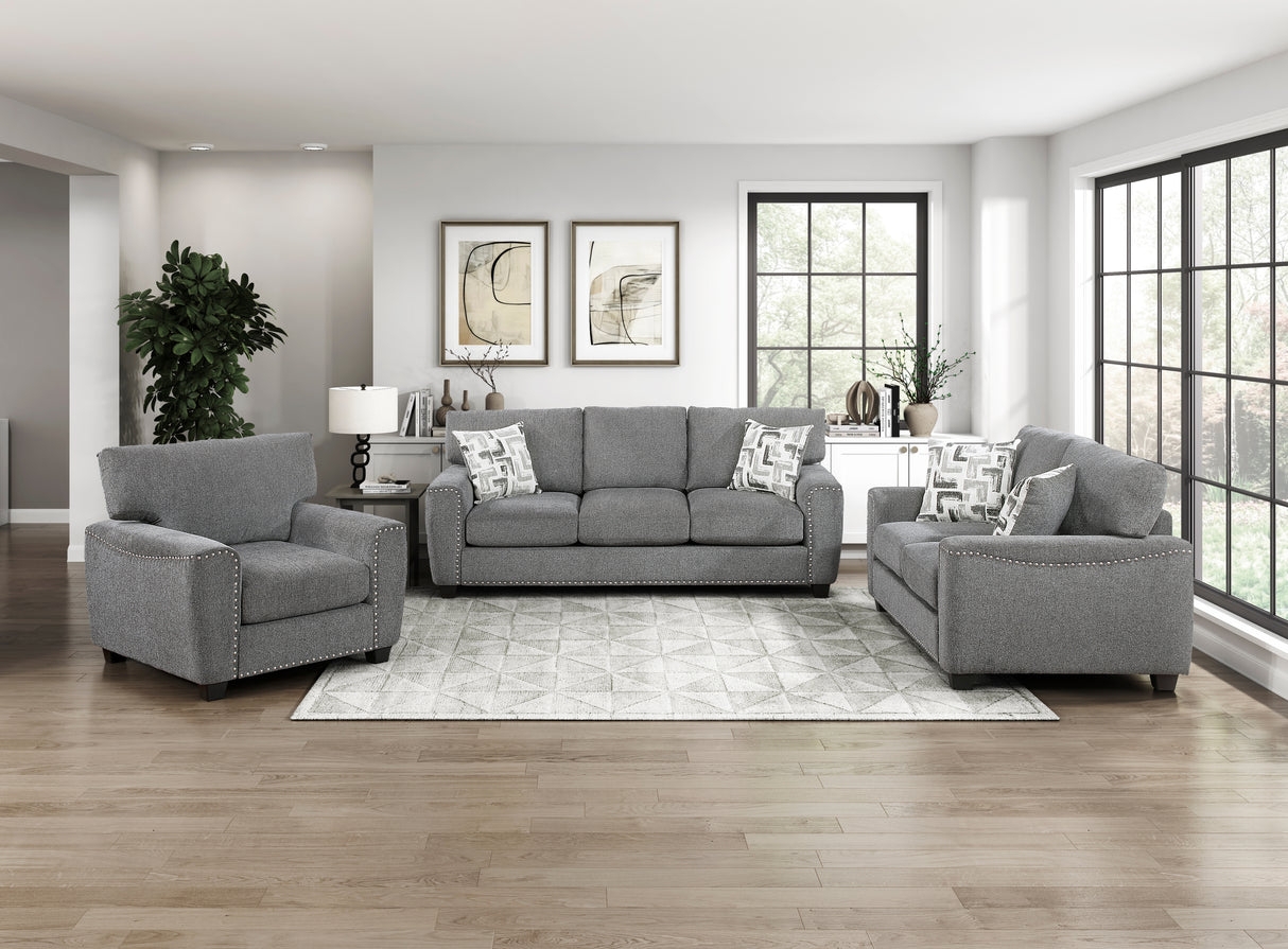 Sofa Set with Charcoal Gray Upholstery and Silver Trim