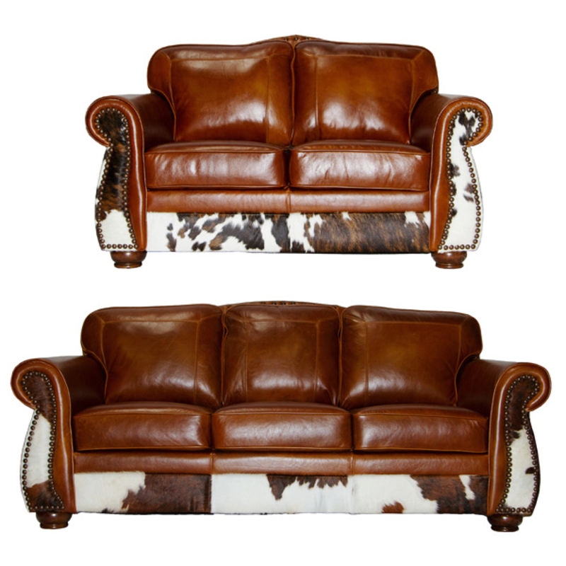 Sofa Set with Cognac Upholstery and Cowhide Apron Accents