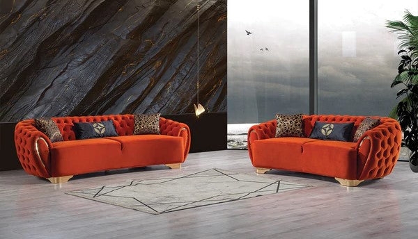 Sofa Set with Gold Arm Accents and Diamond Tufting