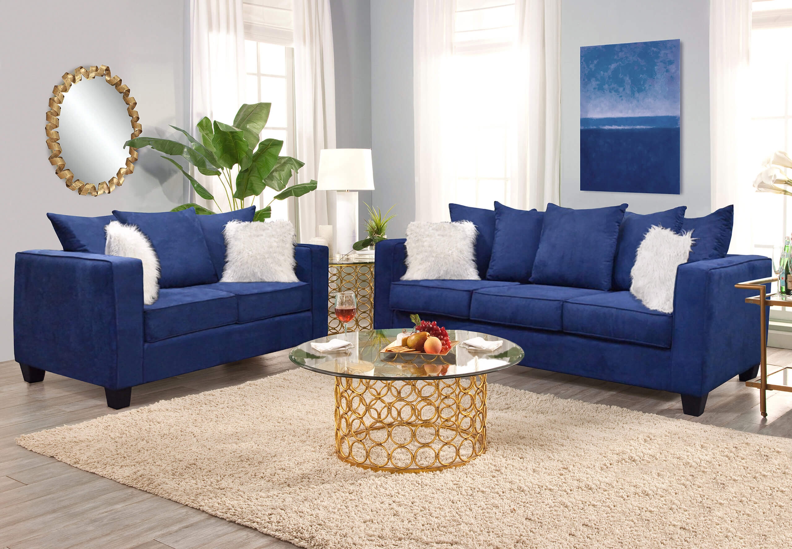 Sofa Set with Gold Ring Table Base and Shag Pillows