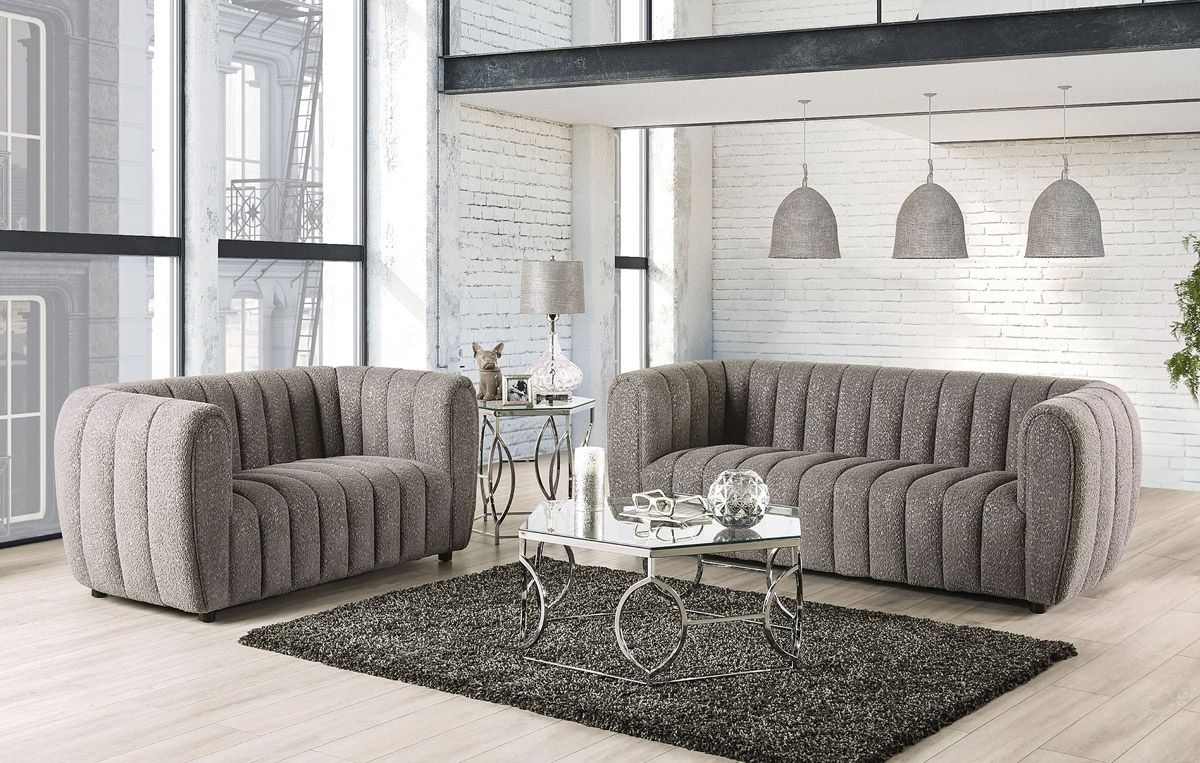 Sofa Set with Hexagonal Mirrored Table and Boucle Fabric