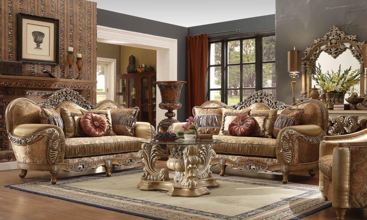 Sofa Set with Intricate Carvings and Antique Gold Scale Styling