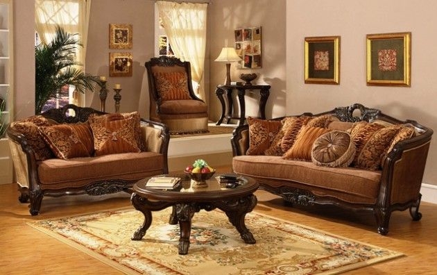 Sofa Set with Mahogany Brown Frames and Glass Top Coffee Table