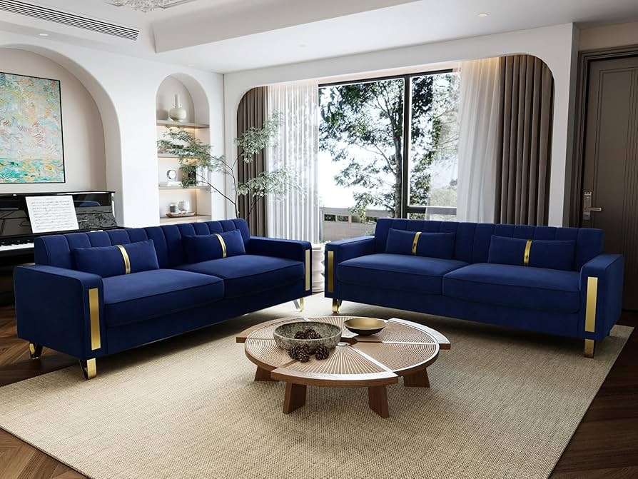 Sofa Set With Navy Blue Fabric and Gold Metal Accents