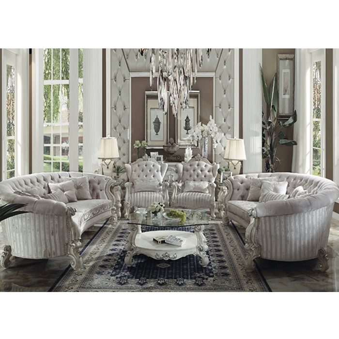 Sofa Set with Ornate Scrollwork and Ivory Velvet Tufted Backs