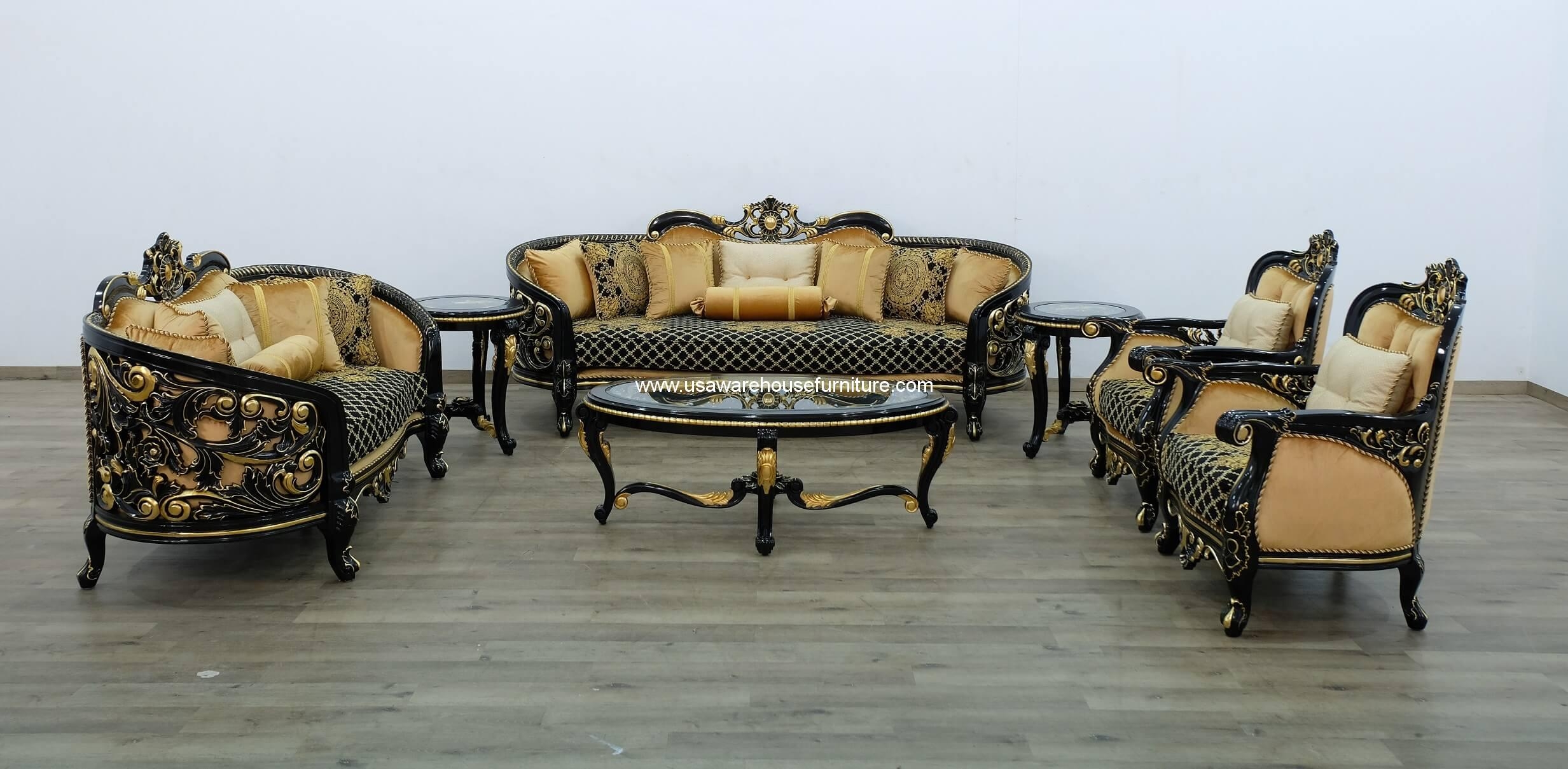 Sofa Set with Shiny Leaf Trim and Seven Piece Furniture Set