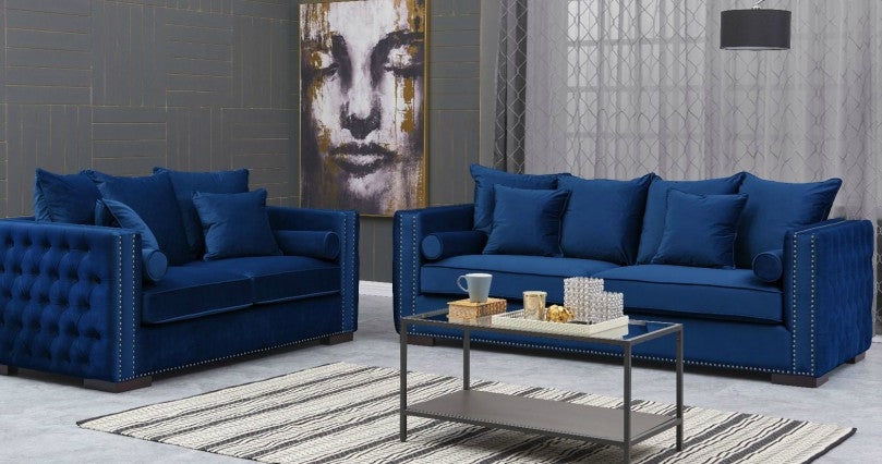 Sofa Set With Silver Nailhead Trim and Royal Blue