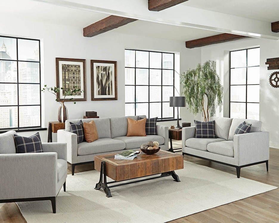 Sofa Set with Track Arms and Industrial Loft Grid Windows