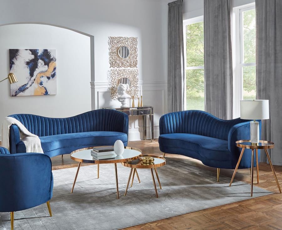 Sofa Set with Undulating Backrest and Blue Velvet