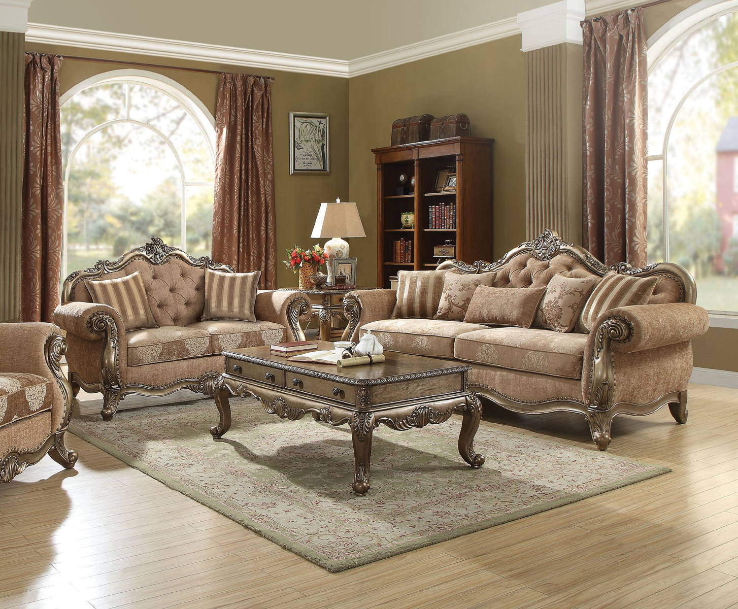 Sofa Set with Vintage Oak Frame and Ornate Carved Scrollwork